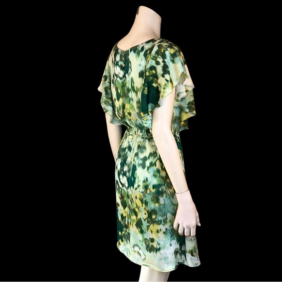 H&M Green Abstract WATERCOLOUR Silky Flutter Sleeve Spring Mini Dress 6 - Picture 6 of 8
